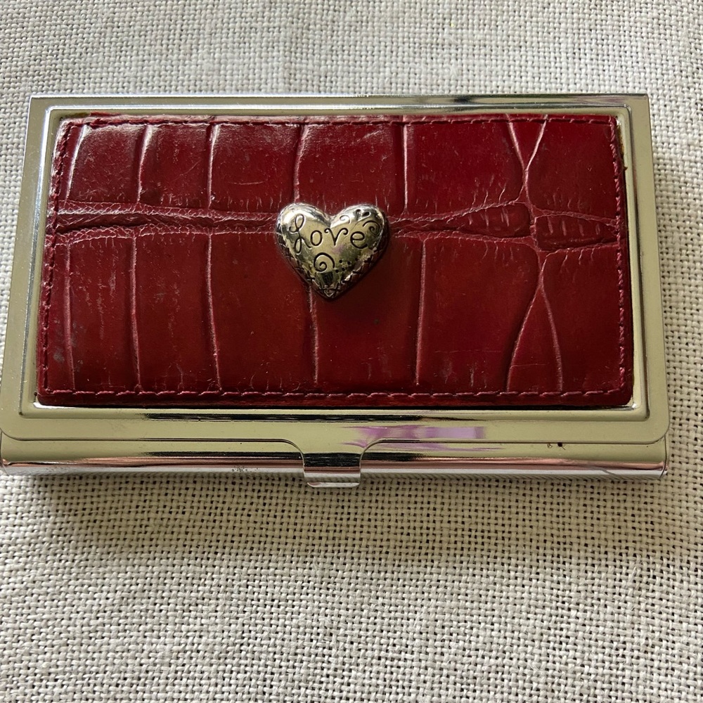 Brighton business card holder in red leather and sterling silver